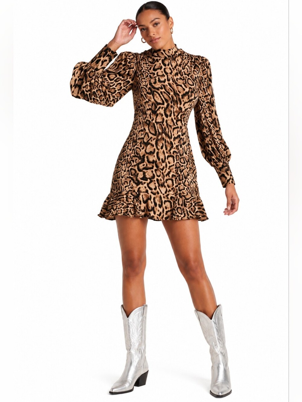 Express Leopard Print Ruffle Mini Dress Puff Sleeve High Neck fall XL